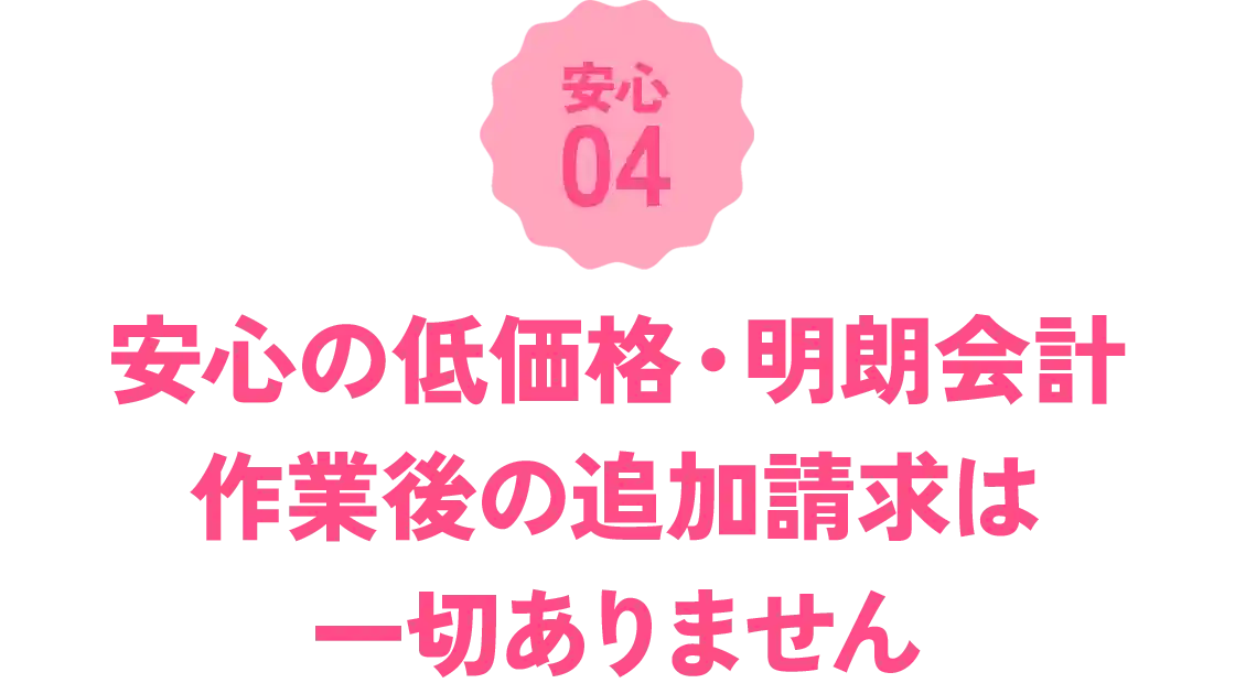 安心の低価格・明朗会計。作業後の追加請求は一切ありません
